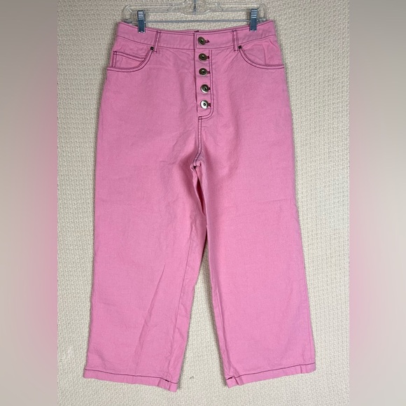 Kate Spade Pink Wool Cotton Heather Basket Weave Pants Wide Leg Cropped Button - Picture 8 of 12